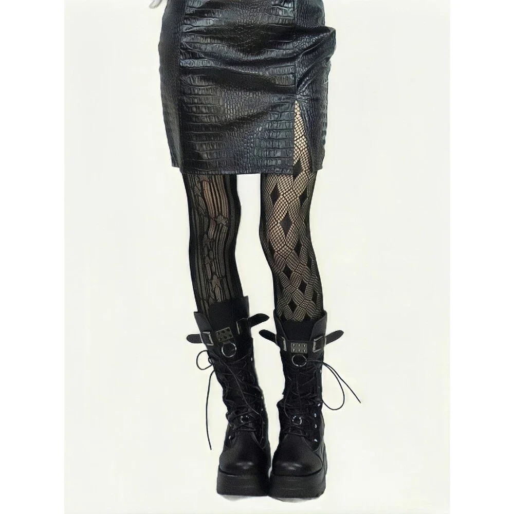 OYOANGLE Womens Black Gothic Striped Graphic Fishnet Tights OS Style Fit - NWT